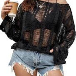 JOHN PAUL RICHARD 2X 3/4 Bell Sleeve Pom Rim Lace Overlay Top